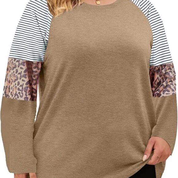 Brown Stripe Leopard Patchwork Long Sleeve Raglan Top Soft Knit Tee 2XL - Picture 3 of 4